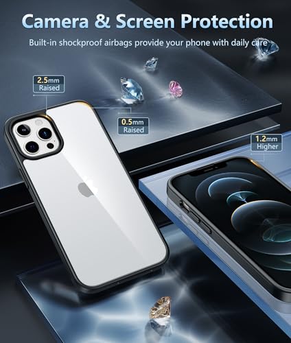 Image of FNTCASE for iPhone 12 Pro-Max Case: Clear Phone Cases Compatible with Magsafe Slim Anti Yellowing Military Grade Drop Protection Rugged Shockproof Protective Transparent Cell Cover (D-Black)