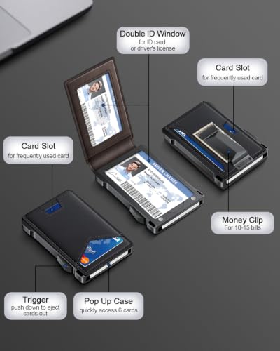 Image of Wallet for Men RFID Wallet with 2 ID Windows & Money Clip, Slim Card Holder | 10-12 Cards Bifold Minimalist Smart Pop Up Wallet for Front Pocket Compact Metal Credit Card Holder Birthday Gifts for Men