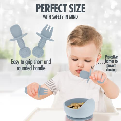 Blue Gray-10 Piece Silicone Baby Feeding Set-Baby Led Weaning Supplies-Baby Eating Supplies, Baby Plates/Toddler Plates, Bib, Sippy Cup, Baby Spoons First Stage 4 Months, And Infant Silicone Fork #TOP1