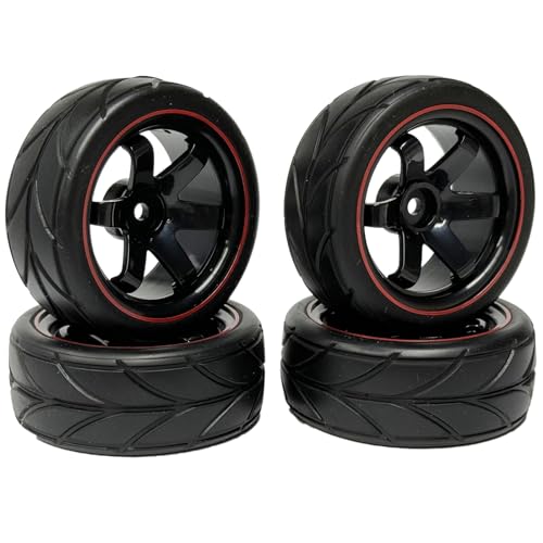 KINGCOO Juego de neumáticos y ruedas para coche con radio, 4 unidades, 64 mm de goma y 6 radios, llantas de plástico, 12 mm hexagonal, para 1/10 RC On-Road Run-Flating Touring Racing Auto (negro y
