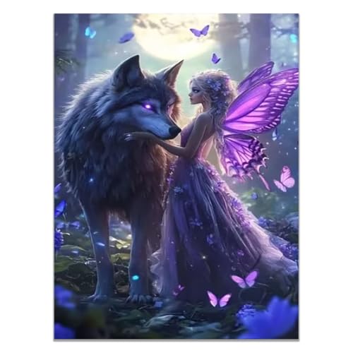 Tableau fée lavande et loup pour décoration de salon et chambre moderne fille 40x60cm