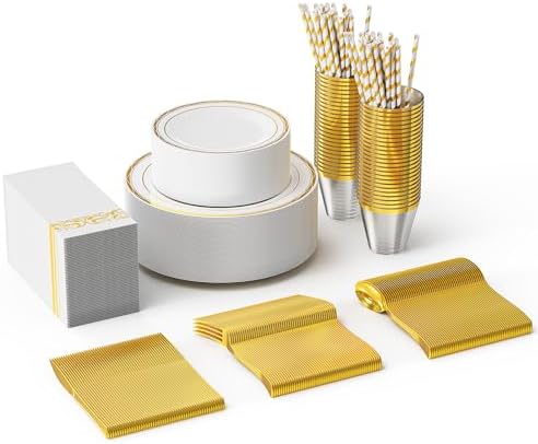 U-QE 175 Pieces Gold Plastic Plates And Napkins Party Supplies - White And Gold Dinnerware Set 25 Guest - 25 Dinner Plate, 25 Dessert Plates, 25 Per Rolled Napkins With Gold - Foto 11