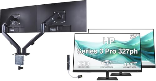 Image of HP Series 3 Pro 327ph 27 inch FHD IPS Monitor with 5ms Response Time, Anti-Glare, Flicker Free, VESA Mount (100mm), Displayport, HDMI, Black (B0CG8UT#ABA) 2 Pack w /DKZ Hub & ErgoFlexy Dual Mount Arms