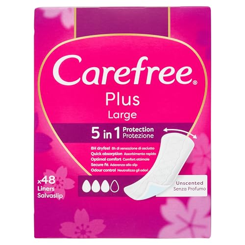 Carefree Salvaslips Plus Large sin perfume, Salva slip mujer extra ancho con protección 5 en 1 para 8 h de sensación de seco, absorbentes sin perfume ultrafinos para uso diario, 48 compresas