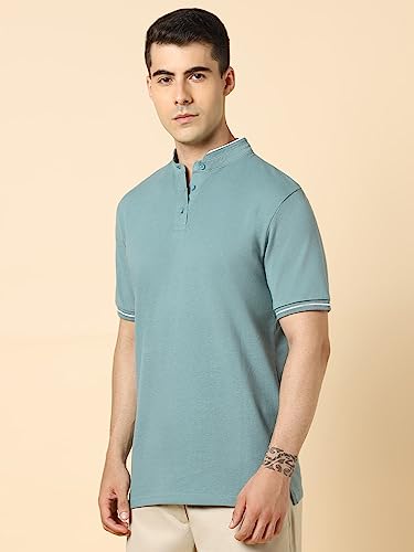 Image of Dennis Lingo Men's Cotton Solid Stand Collar Regular Fit T-Shirt