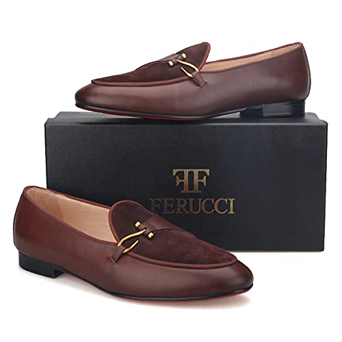 FERUCCI Brown Leather Loafer with Buckle Slippers Flat Prom Wedding3