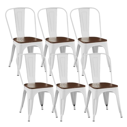 SOLEGGIATA Metal Dining Chairs Set of 6 with Wooden Seat Iron Stackable Industrial Tolix Style Farmhouse Dining Room Bistro Outdoor Arctic White Color