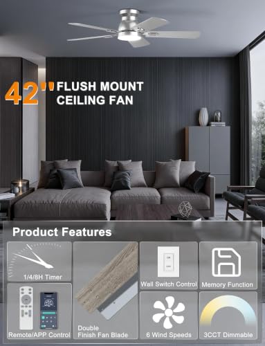Ohniyou 42'' Silver Low Profile Ceiling Fan with Lights, Remote/APP Control — view 3