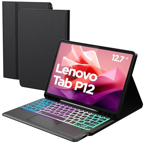ROOFEI für Lenovo Tab P12 12 7 Zoll Hülle mit Abnehmbare Tastatur - 3-Zonen 7-Farbige Beleuchtung Tastatur mit Trackpad - QWERTZ Tastatur Hülle mit Stifthalter für Lenovo Tab P12 12.7 2023 Schwarz