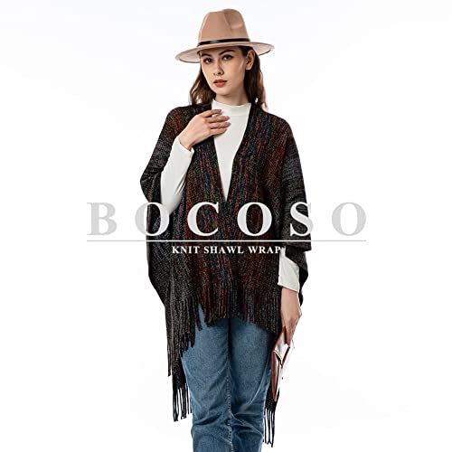 Women's Knit Shawl Wraps, Knitted Poncho Cape Open Front Cardigan Sweater with Tassel for Spring Fall Winter2