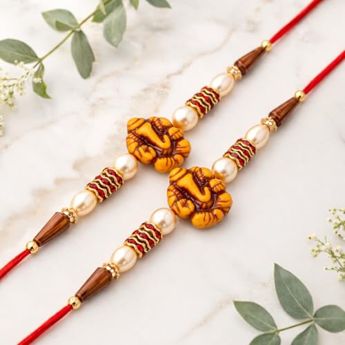 Image of Riddhika Ventures Lavish Pearl and Diamond Ring Bhaiya Bhabhi Rakhi (Set of 2) with Roli Chawal & Greeting Card | Raksha Bandhan Special