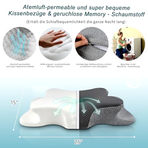 CHxxy Memory Foam Kissen 2in1,Ergonomisches Nackenkissen gegen Nackenschmerzen, atmungsaktiv,hautfreundlich,mit kühlendem Bezug–Kontur Bettkissen für Seiten-, Rücken-&Bauchschläfer,Vollgrau