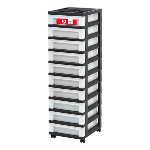 IRIS USA Plastic Drawer Storage Organizer Rolling Cart, with Wheels Casters, 10-Drawers, for Classroom Art Craft Supplies Dresser Closet Bathroom Laundry Room, Black/Pearl