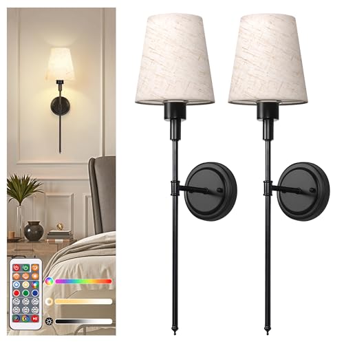 Image of DORESshop Battery Operated Wall Sconce Set of 2, 7 Color Wireless Wall Light Easy to Install, Sconce Wall Decor Set of 2 for Bedroom, Living Room, Fabric Linen Shade, Black, 24.6in