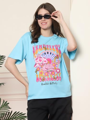 Image of Preneum Women's Cotton Cool Graphic Printed Baggy Fit Drop-Shoulder Sleeves Cotton Oversized T-Shirt