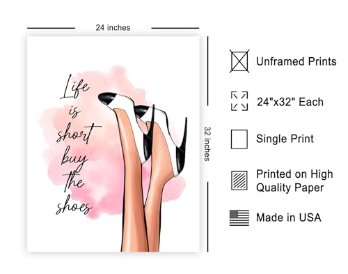 Image of Poster Master Life is Short Buy The Shoes Poster - Fashion Print - Trendy Art - Modern Art - Gift for Her & Fashionista - Luxury Haute Couture Decor for Bedroom or Girls Room, 24x32 Unframed Wall Art