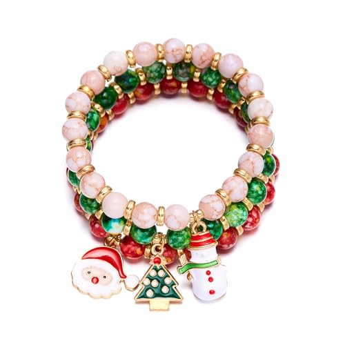 Niaspi Xmas Beaded Bracelets Set for Women Unisex Boho Colorful Red Green Beads Santa Claus Snowflake Elk Snowman Bow Wreath Winter Stretch Bracelets Christmas Statement Jewelry Gifts (White)