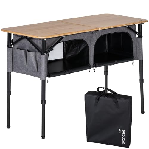Skandika Campingtisch mit Schrank Tolja | Outdoor Bambus Klapptisch mit Stauraum, höhenverstellbar, klappbar, Campingschrank mit Einlegeböden,...