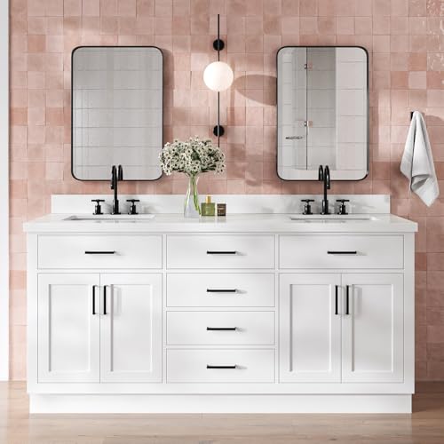 DKB Isabella 72 Inch Bathroom Vanity Double Sink — White Bathroom Vanity with Sink, 1.5' Edge Pure White Quartz Countertop, 4 Soft-Close Doors, 4 Dovetail Drawers, and 2 Tilt Drawers