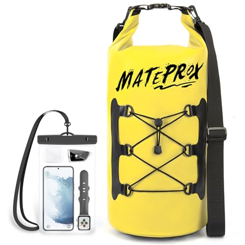 MATEPROX Bolsa Impermeable, 5L/10L/20L, Flotante y Protección IPX8, con Funda Impermeable Móvil, Ajustables Bolsa Estanca para Kayak, Camping, Rafting y Actividades Acuáticas-20L Amarillo