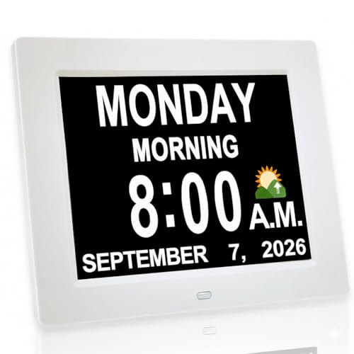 【New 2026】 Digital Calendar Alarm Day Clock - with 8' Large Screen Display, am pm, Multiple Alarms, for Impaired Vision People, The Aged Seniors, The Dementia, for Desk, Wall Mounted,
