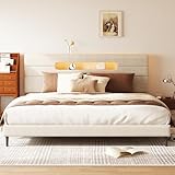 Sismplly King Bed Frame with Linen Headboard, Platform Bed Frame with Upholstered Headboard, Mattress Foundation, No Box Spring Required, Easy Assembly, Beige