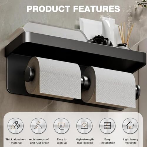 Image of HASTHIP Toilet Paper Roll Holder, Metal Toilet Roll Holder for Bathroom with Storage Shelf, Dual Toilet Tissue Roll Storage Design, Self Adhesive Wall Screw-Mount Modern Bathroom Organizer