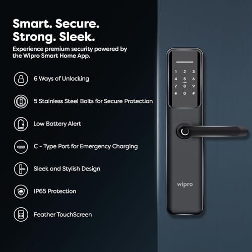 Image of Wipro Smart Door Lock Aura Pro | 6-Way Unlocking | 5 Bolts | Fingerprint, PIN, Access Card, Guest Unlocking via OTP, Mobile App | Pin Decoy, Alerts | IP65 Waterproof | 2 Yr Warranty | Black