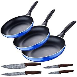 Sartenes Azules San Ignacio Set 3pc sarten (16+20+24cm) aluminio prensado, inducción, azul Navy Paradise con Set 4pc cuchillos acero inoxidable