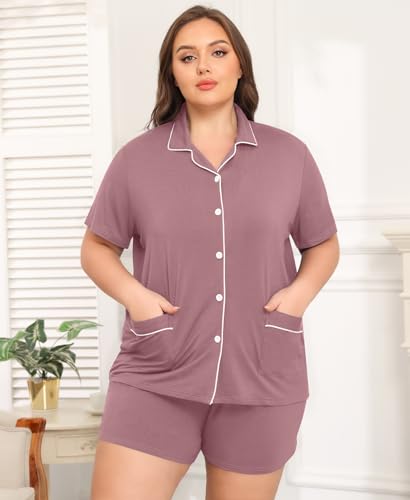 Image of SWOMOG Women Plus Size Pajamas Set Button Up Short Sleeve Top and Shorts Lounge Sleepwear Women Pjs Plus Size with 2 Pockets, Taro Purple