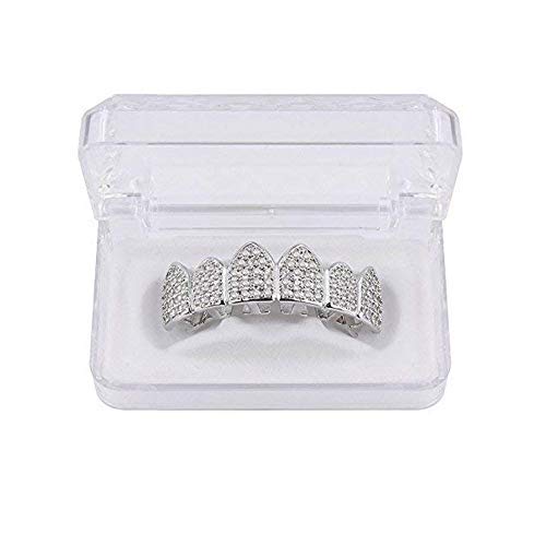 JINAO 18K Gold Plated Top Mouth Grill Teeth Macro Pave CZ Iced Out Diamond Grillz for Men Women With Extra Molding Bars Included (Silver top) - Thumbnail 2