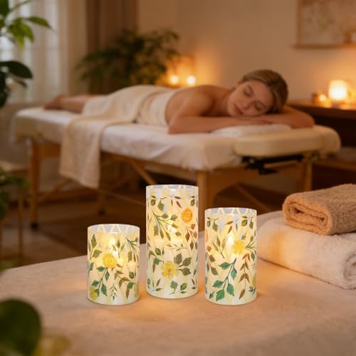 Image of Crystal Club Yellow Floral Flameless Candles with Remote & Timer, 3D Wick Flickering Pillar LED Flameless Candles, Battery Operated for Home Wedding Party Festival Decor, Set of 3