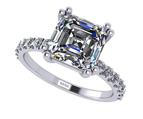 3ct Asscher Cut Swarovski Zirconia Solitaire w/sides Engagement Ring S.Silver 8mm -Platinum Plated-S-8.5