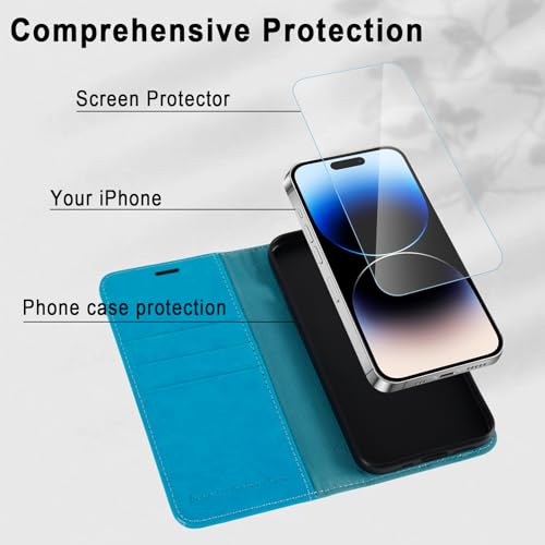 Image of MONASAY Vegan Leather Fit for iPhone 14 Pro Max 5G Wallet Case, 6.7-inch, [Glass Screen Protector Included] [RFID Blocking] Flip Folio Phone Cover with Credit Card Holder,Light Blue