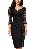 Miusol Women's Classy V-Neck Floral lace 3/4 Sleeve Cocktail Party Dress (Small, Black)