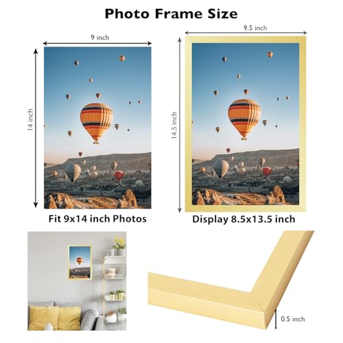 Image of JCJMY 9x14 Picture Frame Gold for Wall Hanging, Wall Mounting Horizontally or Vertically, 9 x 14 Wall Gallery Poster Photo Frame with Shatter Resistant Plexiglass, Gold