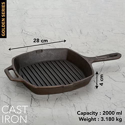 Image of Sumeet Super Smooth Gold Series Pre Seasoned Cast Iron Grill Pan for Grill /Fry /Saute /Roast |28cm 3.180kg, Gas & Induction-Friendly.