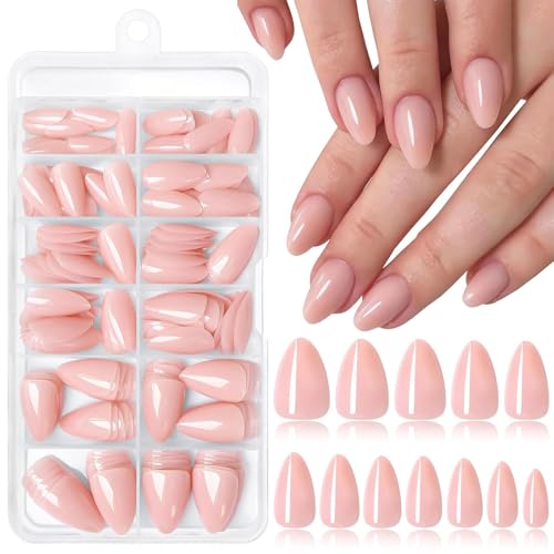 LunarCharm 240 pezzi unghie finte a mandorla adesive, unghie finte corte in acrilico, copertura totale, per donne e ragazze, 12 misure, nude rosa