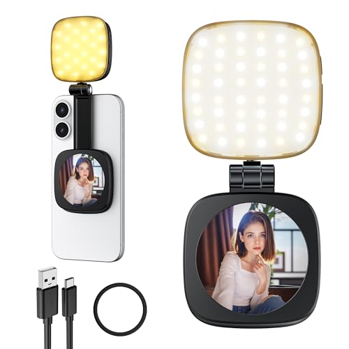 Cocobeen Magnetic Selfie Light for Phone: 5 Led Mode with Mirror Compatible for iPhone & Android - Rechargeable Portable Fill Light for Photography/Video Recording/Conference/Vlog/Makeup (Black)