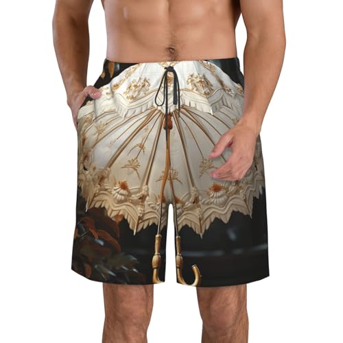 Men's Swim Trunks White Parasol Quick Dry Board Shorts Mens Bathing Suit Beach Swimwear with Pockets