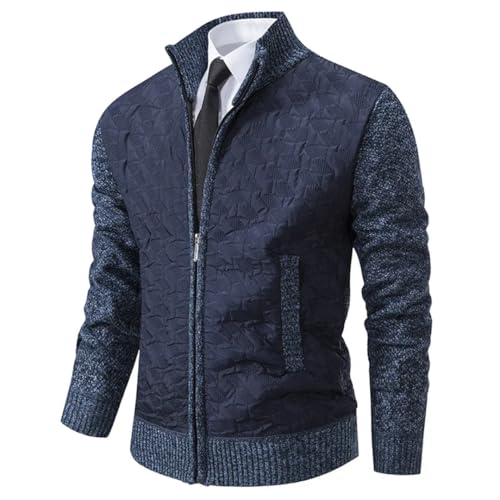 Men Patchwork Zipper Knit Cardigan Long Sleeve Stand Collar Casual Sweater Outerwear3