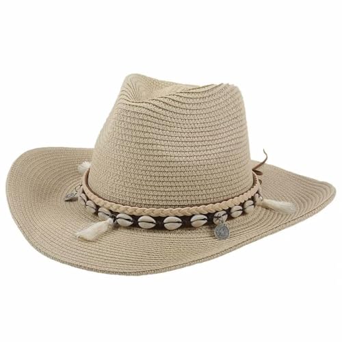 Women Wide Brim Fedoras Panama Hat Summer Sun Hat Ladies Straw Beach Jazz Cap Beige