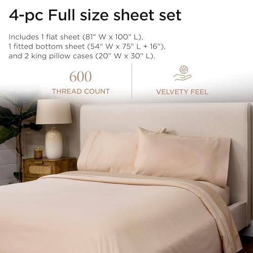 Image of Threadmill 100% Cotton Sheets for Full Size Bed - 600 Thread Count Full Bed Sheets Set with 16 inch Deep Pocket - Sateen Weave 4-Piece Bedding Set with Cooling Effect, Beige