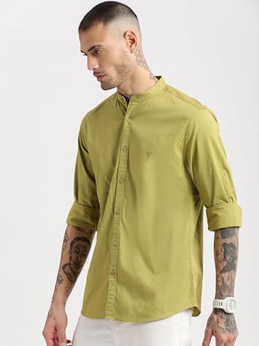 Image of SHOWOFFFF Men Solid Casual Shirt | Mandarin Collar Full Sleeves Cotton Shirt for Mens | Slim Fit Regular Length Shirt for Men's