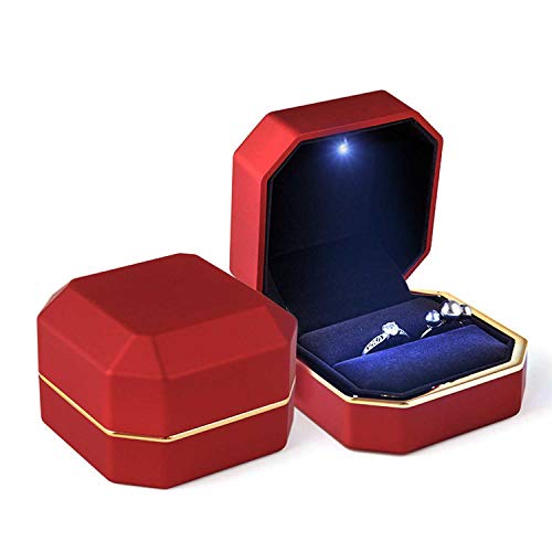 Image of Luxury Ring Box, Square Velvet Wedding Ring Case Jewelry Gift Box with LED Light for Proposal Engagement Wedding, Red