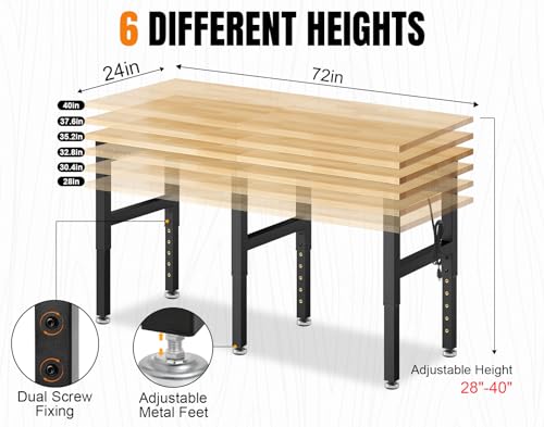 Image of 72 inch Adjustable Height Workbench, 2000 LBS Heavy Duty Table Rubber Wood Workstation with Power Outlet & Pegboard for Garage, Office, Workshop, Home,Commercial