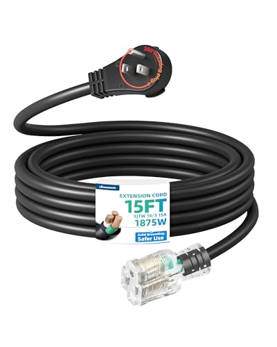 DEWENWILS 360 Rotating Flat Plug Extension Cord 15FT Black Extension Cord 3 Prong 14/3 Gauge Grounded Power Cord Lighted Outlet 125V/15A/1875W STJW for Outdoor/Indoor ETL Listed