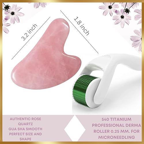 100% Authentic Rose Quartz Jade Roller and Gua Sha Set for face. Premium Quality Complete Kit. Facial Tools. Microneedle Derma Roller. Natural Facial Gift Set Women (Pink, 4 PCS) - Image 5