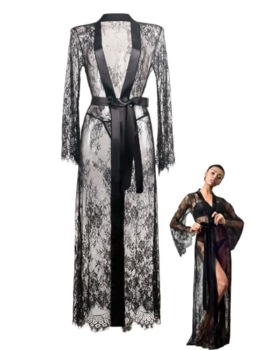 MIZSPISE Accappatoio Lungo da Donna Sexy Vestaglia in Rete Kimono Patchwork Abito da Donna Abito in Pizzo Lingerie Ricamo Pigiama (IT, Testo, Taglia unica, Regular, Regular, nero)