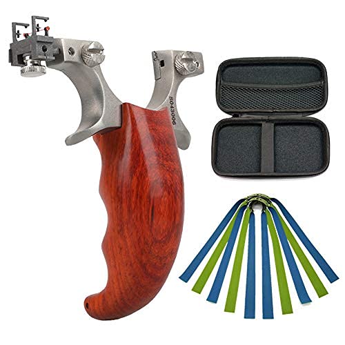 OBTOUTDOOR Stainless Steel Slingshot Set High Velocity Portable Slingshots Wooden Handle for Outdoor Shooting with 5 Rubber Bands Fiber Optic Sight and 1 Slingshot Case